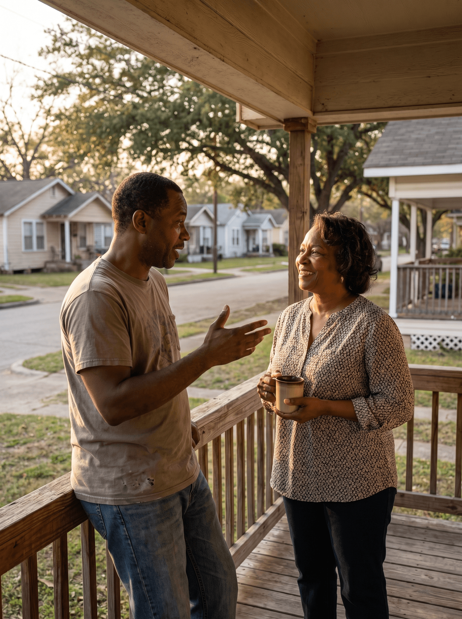 Two neighbors talking on a front porch