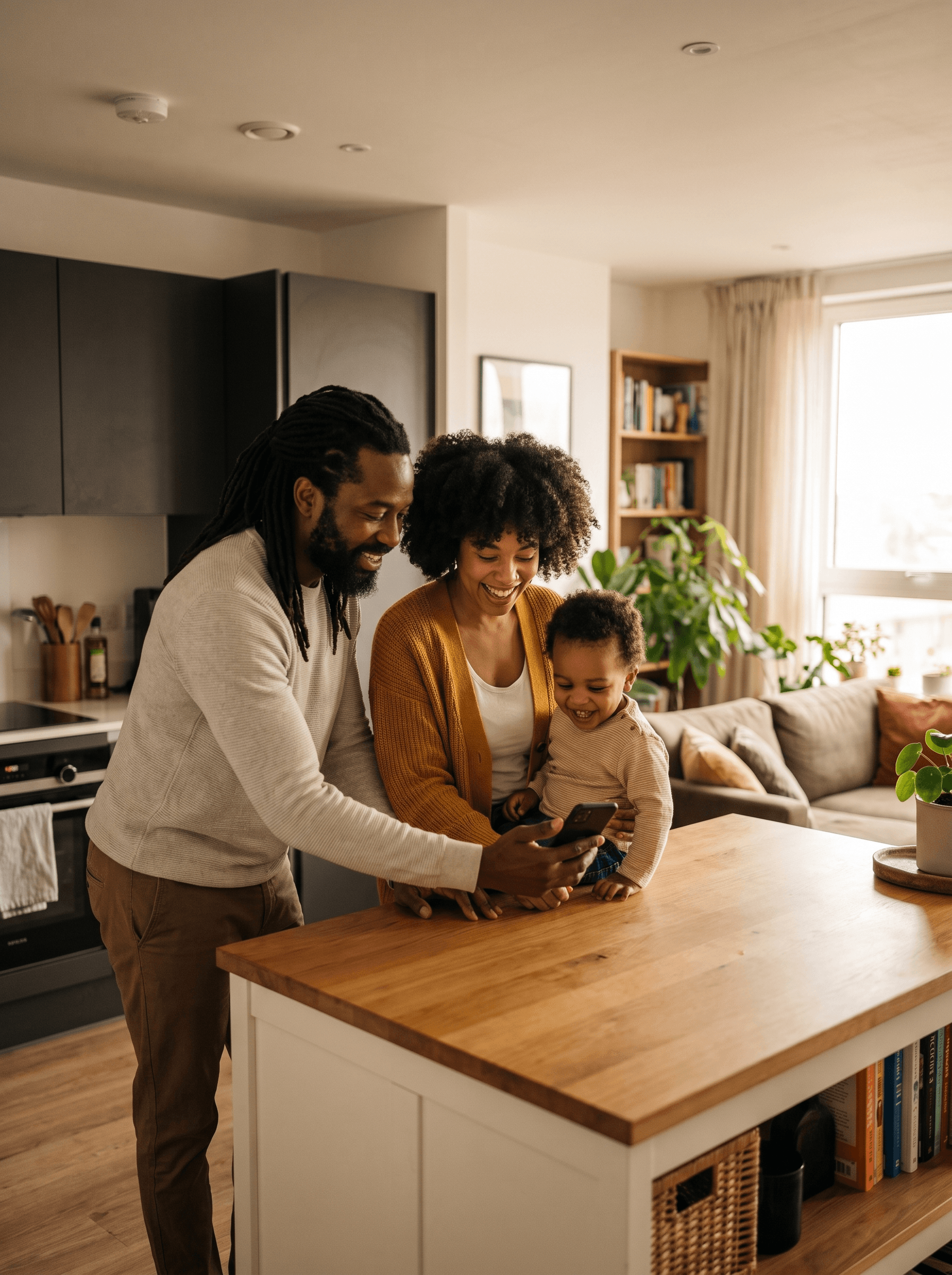A family at home, looking at a phone together