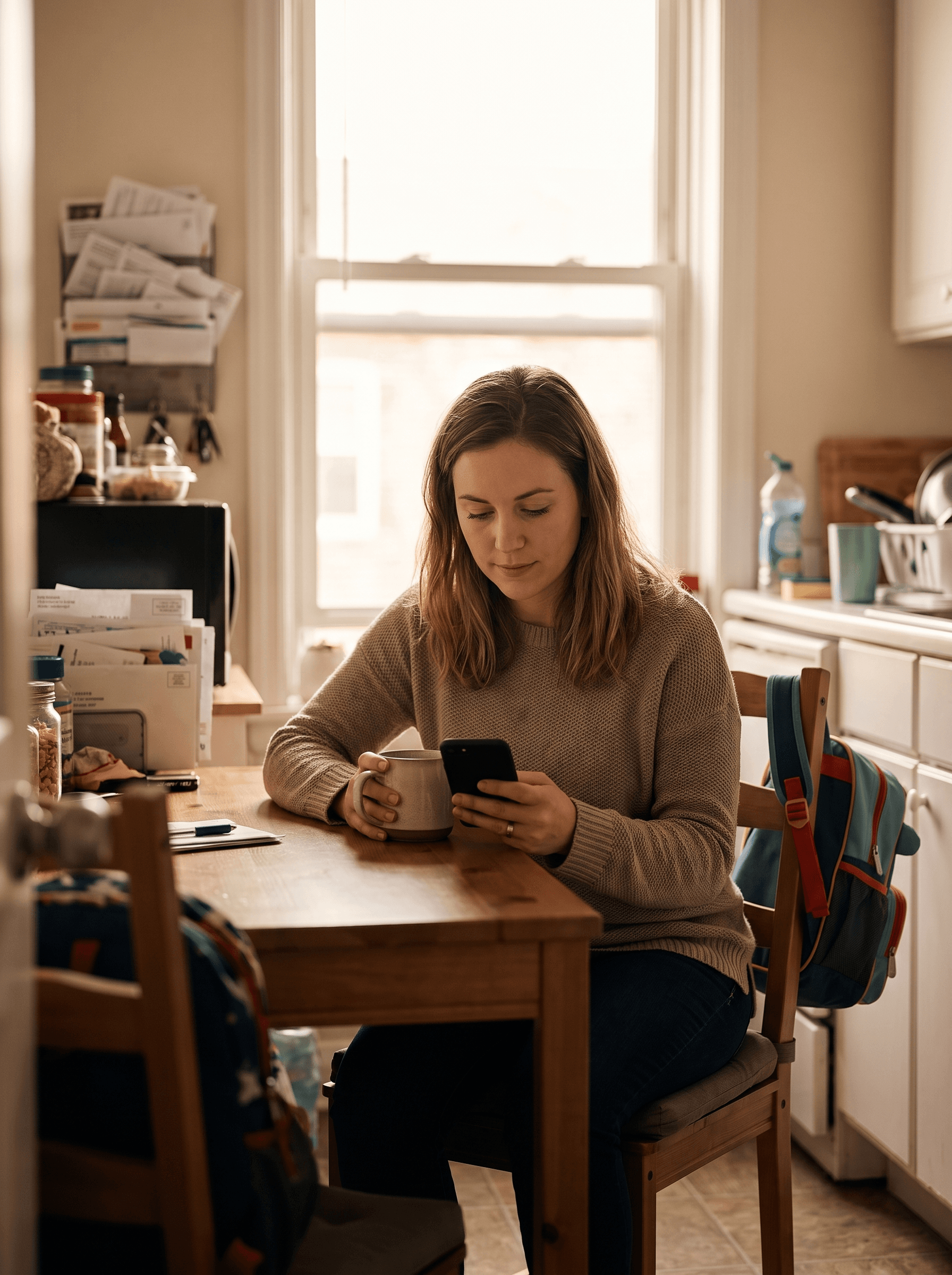 Someone calmly reviewing something on their phone at home